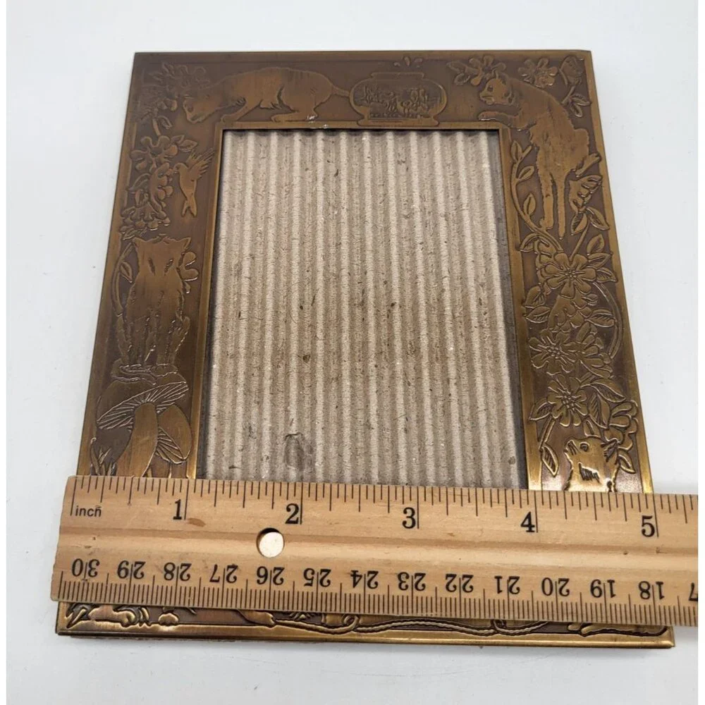 Vintage Brass Photo Frame Cats Mushrooms Floral Art Nouveau 3